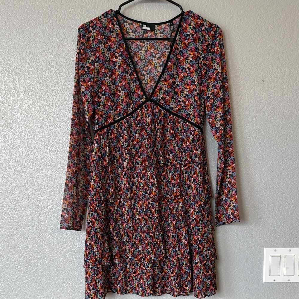 The Kooples Black Multicolor Floral Long Sleeve Dress- shear top & tiered bottom